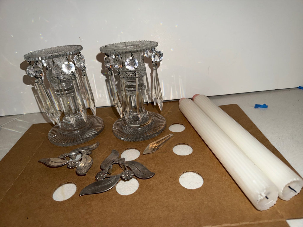 Crystal candle holders with hanging prisms, candles, More  - image 1 of 6