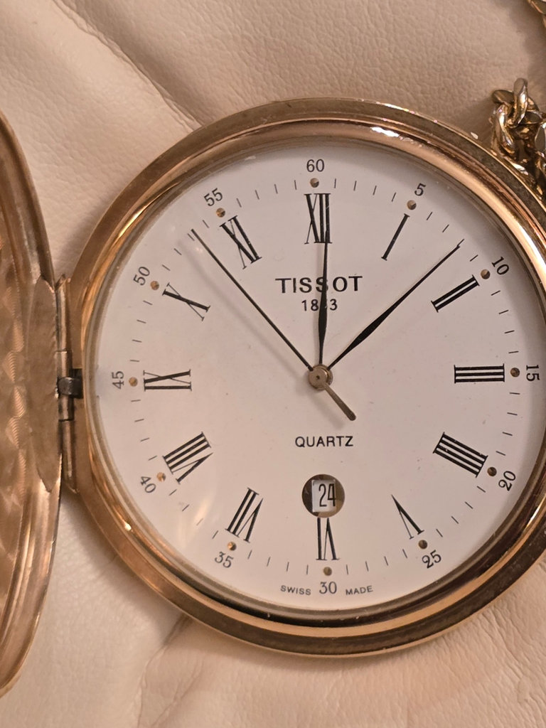 Monogramed Tissot pocket watch with chain in presentation box and manuals - image 3 of 10