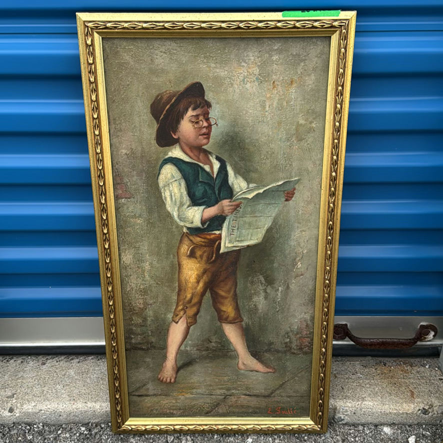 19th-Century European Genre Oil Painting – Barefoot Newsboy Reading 'The Times' by Eugène Soulié (French, 19th Century) - image 1 of 5