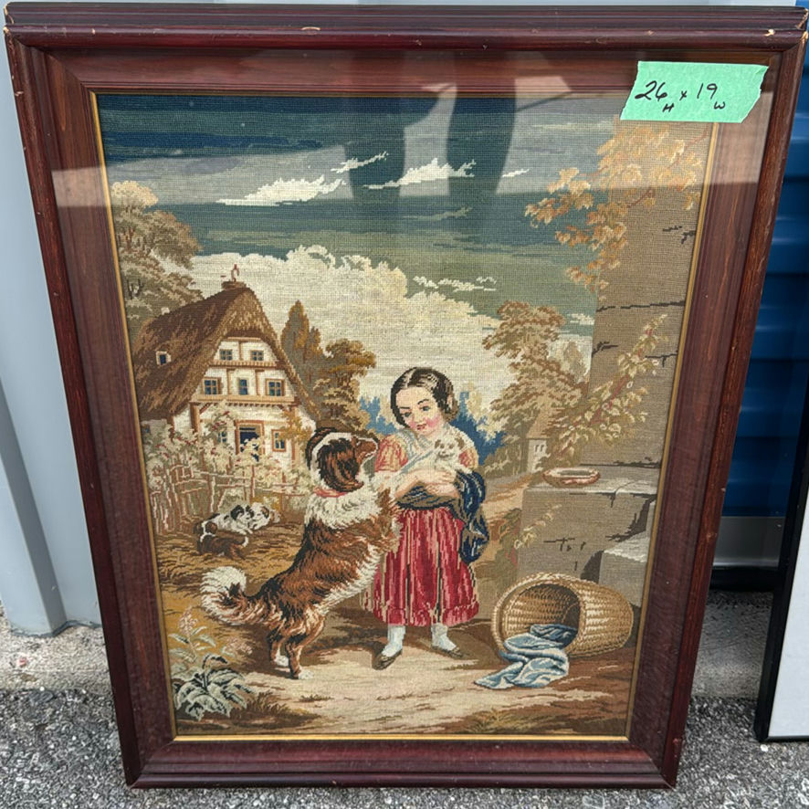 Vintage Framed Needlepoint Cottage Scene Wall Art - image 2 of 8