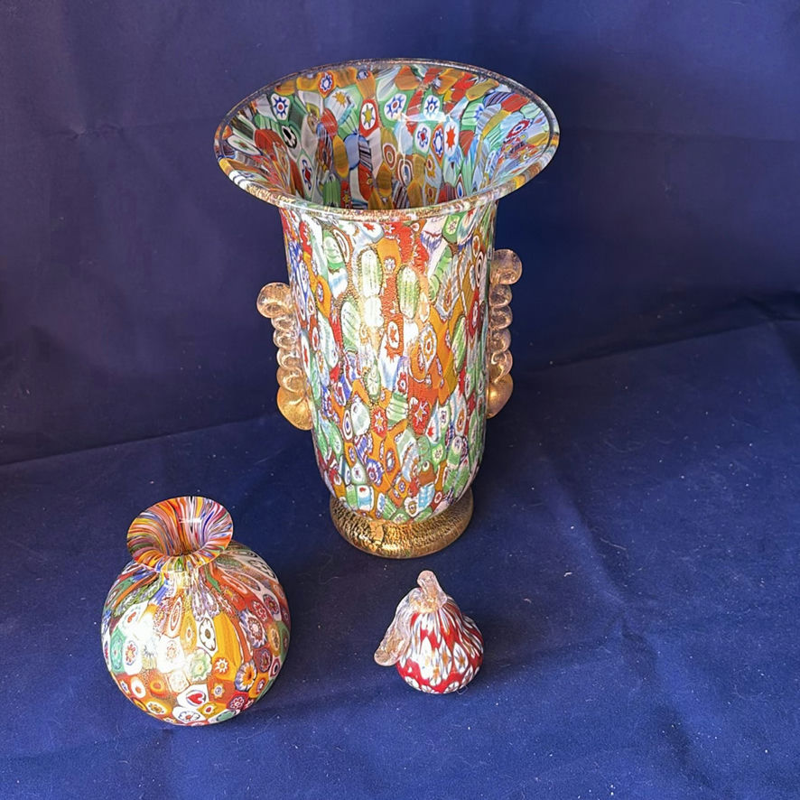 Vintage Murano Glass Trio Millefiori Gold Leaf Urn Vase Amedeo Rossetto Set Italian Art Glass - image 1 of 25