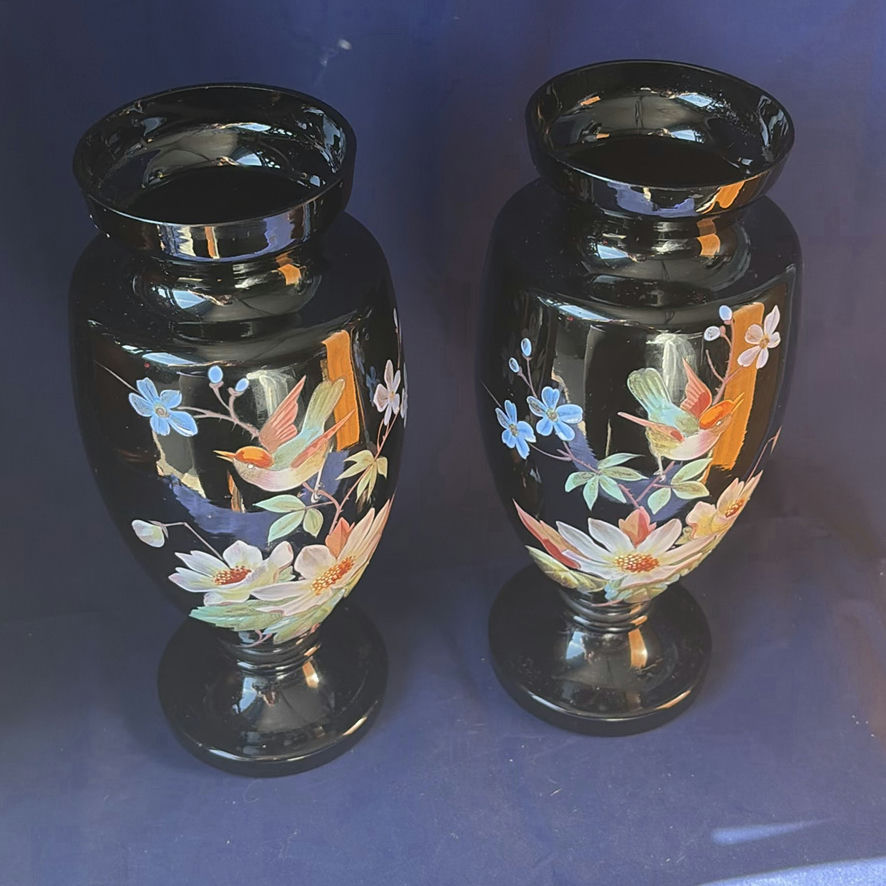 Pair of Antique 19thC Bohemian Black Amethyst Glass Vases, Hand-Enameled Bird and Water Lily Pattern #12. - image 1 of 14