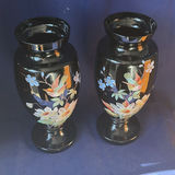 Pair of Antique 19thC Bohemian Black Amethyst Glass Vases, Hand-Enameled Bird and Water Lily Pattern #12. - thumbnail 1 of 14
