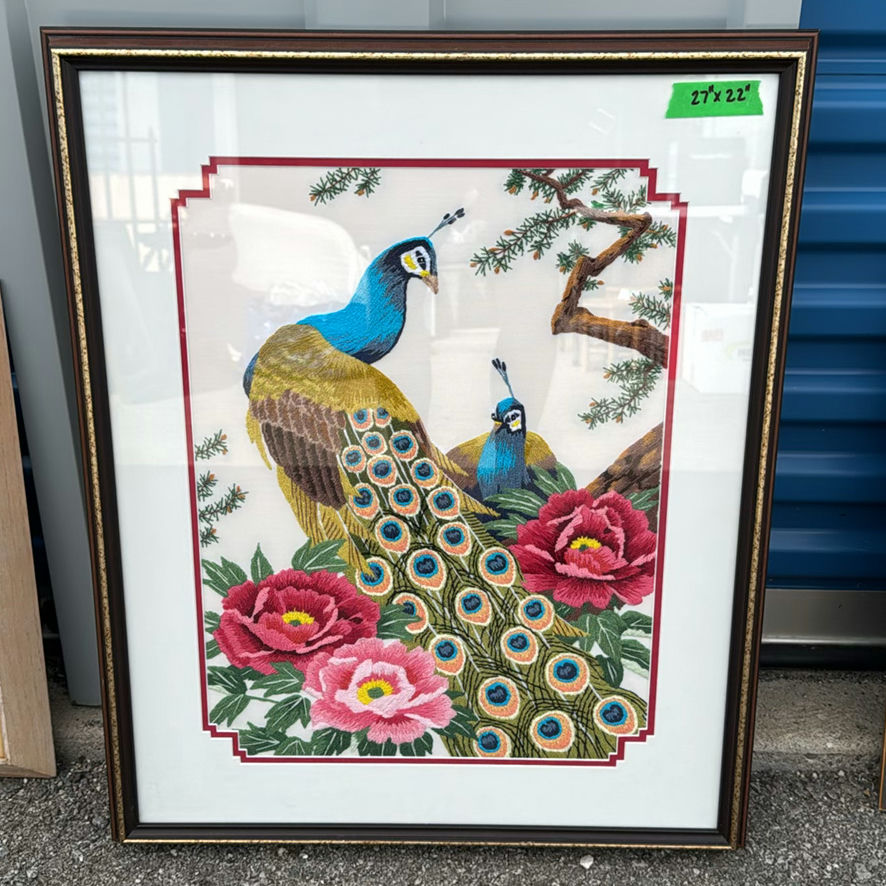 Framed Tokyo Bunka Shishu No. 456 Peacock and Peony Japanese punch embroidery (bunka-shishu) handcrafted piece. - image 1 of 4