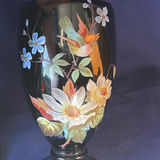 Pair of Antique 19thC Bohemian Black Amethyst Glass Vases, Hand-Enameled Bird and Water Lily Pattern #12. - thumbnail 5 of 14