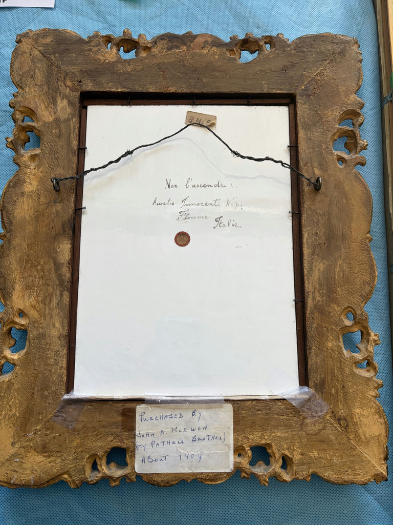 Antique C. 1890 Aurelio Innocenti Framed Porcelain Plaque "Non l'accende..." - Exceptional 1904 Provenance - image 7 of 13