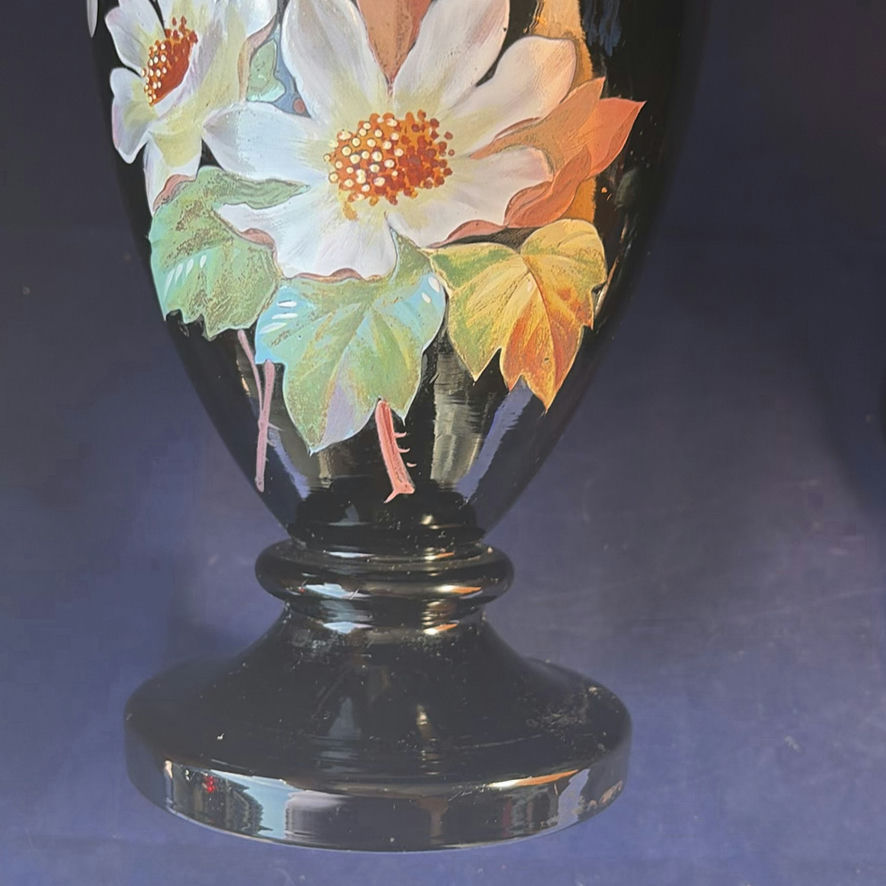 Pair of Antique 19thC Bohemian Black Amethyst Glass Vases, Hand-Enameled Bird and Water Lily Pattern #12. - image 3 of 14