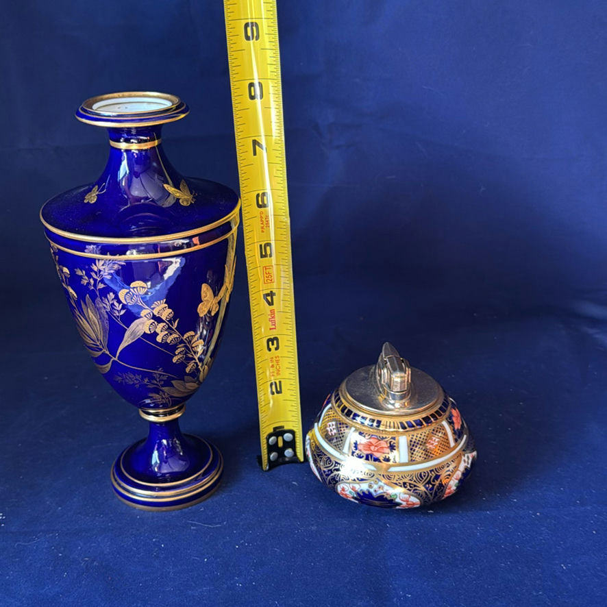 Vintage Royal Crown Derby Fine Bone China: Cobalt Blue Pedestal Vase & Traditional Imari Table Lighter with Lid - image 2 of 10