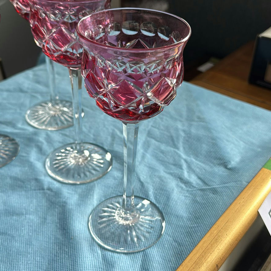 8pc Royal Doulton Ruby Red Cut to Clear Lead Crystal Wine Goblets England Signed - image 14 of 21