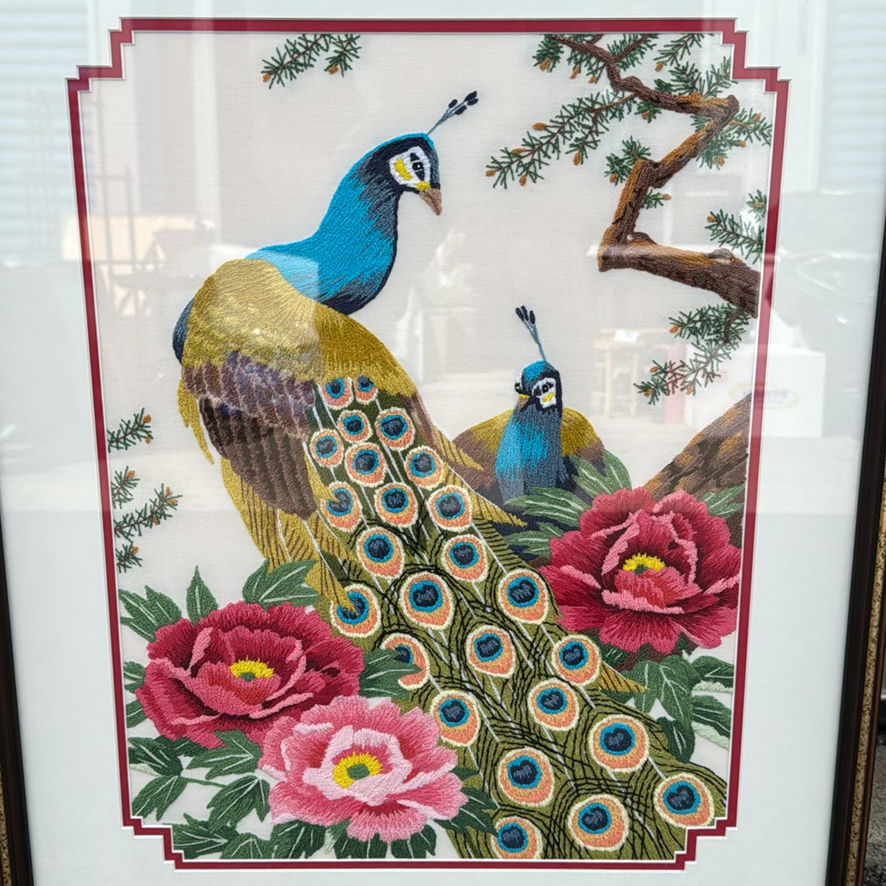 Framed Tokyo Bunka Shishu No. 456 Peacock and Peony Japanese punch embroidery (bunka-shishu) handcrafted piece. - image 3 of 4