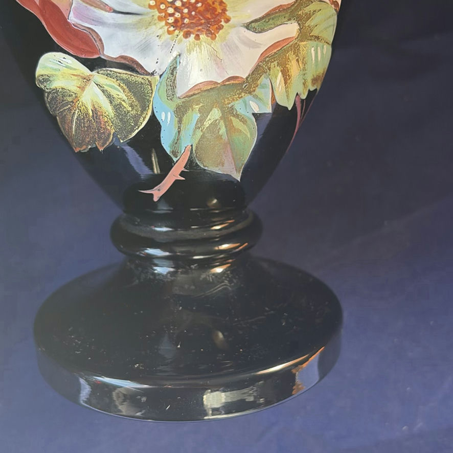 Pair of Antique 19thC Bohemian Black Amethyst Glass Vases, Hand-Enameled Bird and Water Lily Pattern #12. - image 6 of 14