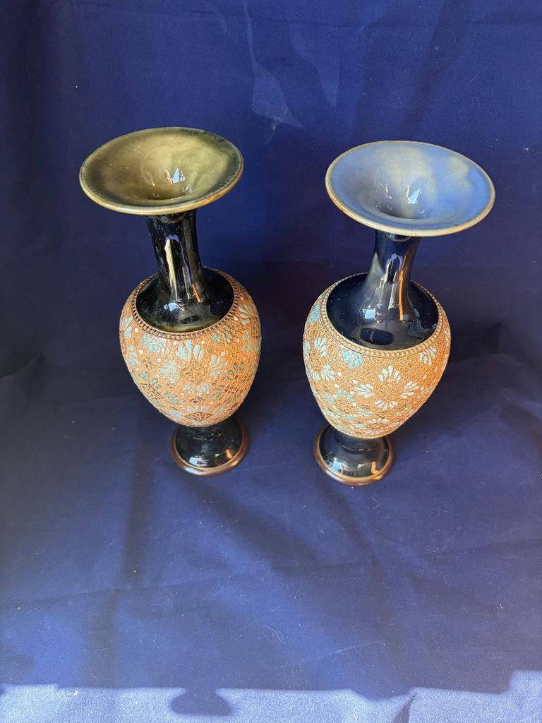 Antique Royal Doulton & Doulton Lambeth Slaters Patent Stoneware Vases – Matched Pair, 10" - image 3 of 10