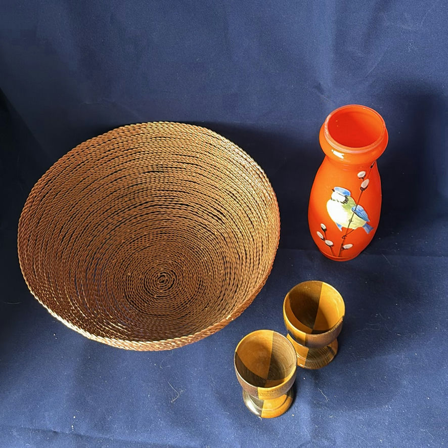 Vintage Czech Tango Glass Enamel Bird Vase, Copper Bowl And Egg Cups - image 1 of 15