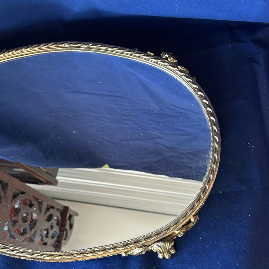 Vintage Gold Filigree Footed Oval Vanity Mirror Tray - image 3 of 5