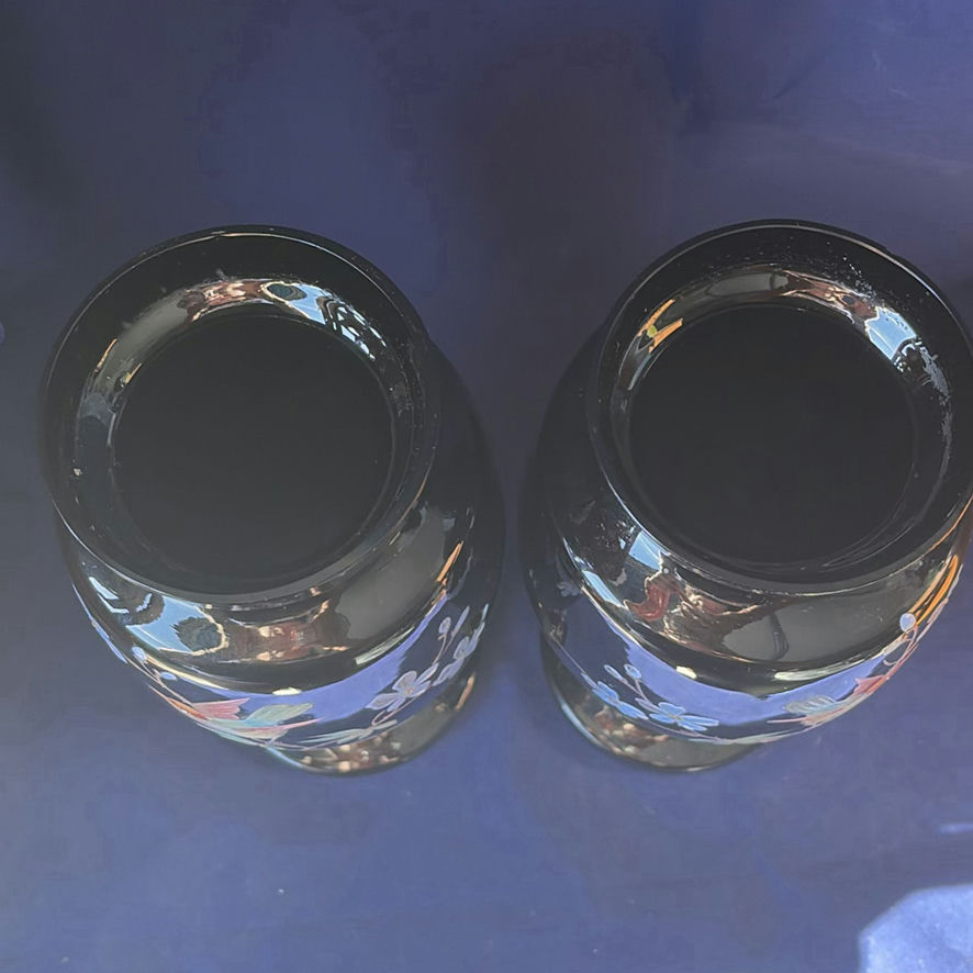 Pair of Antique 19thC Bohemian Black Amethyst Glass Vases, Hand-Enameled Bird and Water Lily Pattern #12. - image 8 of 14