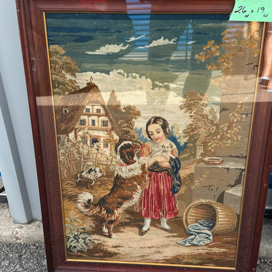 Vintage Framed Needlepoint Cottage Scene Wall Art - image 4 of 8