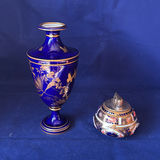 Vintage Royal Crown Derby Fine Bone China: Cobalt Blue Pedestal Vase & Traditional Imari Table Lighter with Lid - thumbnail 1 of 10