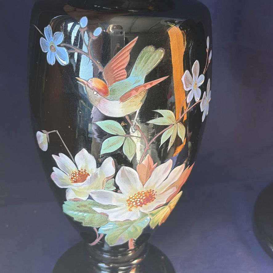 Pair of Antique 19thC Bohemian Black Amethyst Glass Vases, Hand-Enameled Bird and Water Lily Pattern #12. - image 2 of 14