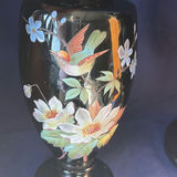 Pair of Antique 19thC Bohemian Black Amethyst Glass Vases, Hand-Enameled Bird and Water Lily Pattern #12. - thumbnail 2 of 14