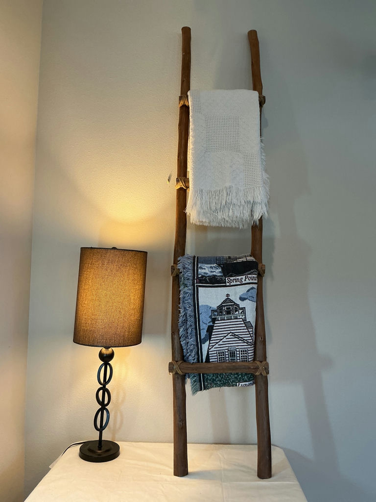 Lamp, Rustic Ladder with throw blankets and Woven Baskets. - image 2 of 4