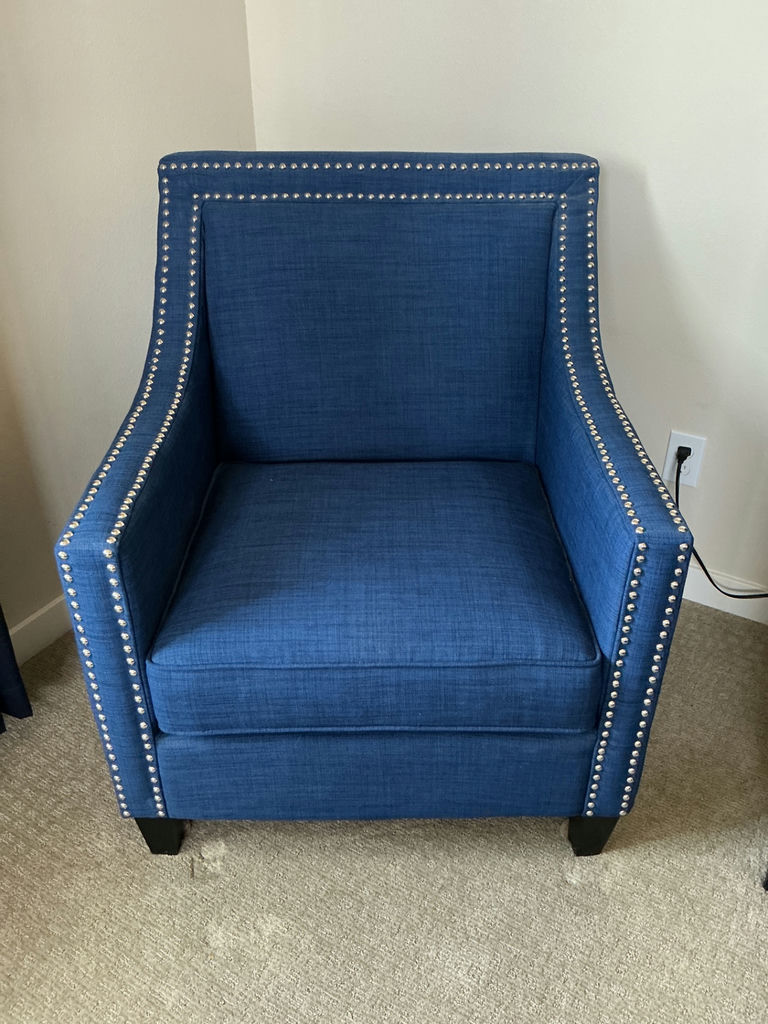 Blue fabric armchair featuring nailhead trim and matching ottoman. - image 2 of 5