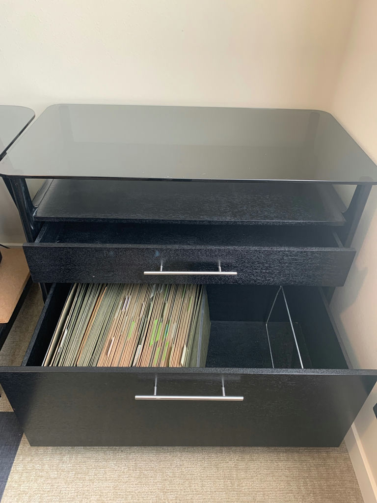 Black two-drawer file cabinet with glass top and  blue glass lamp - image 2 of 4