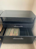 Black two-drawer file cabinet with glass top and  blue glass lamp - thumbnail 2 of 4