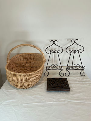 Wicker Basket, Decorative Metal Stands, and wooden Lattice Trivet. - Image 1 of 3