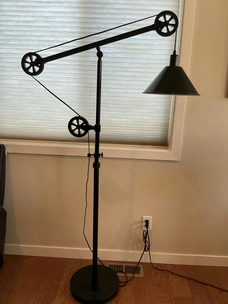 Industrial adjustable floor lamp with pulley arm and conical shade. - image 1 of 4