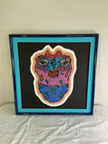 Black end table with drawer and framed abstract artwork, plus blue glass candle holder - thumbnail 5 of 7