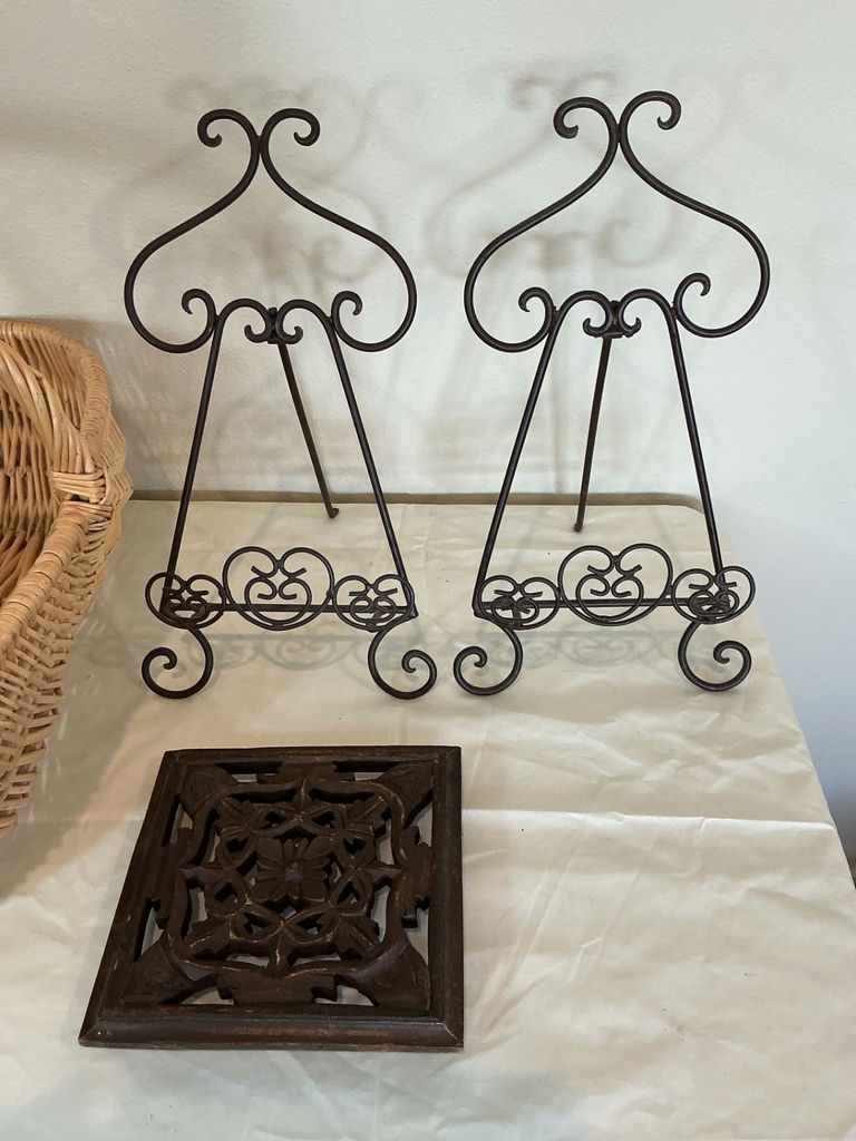 Wicker Basket, Decorative Metal Stands, and wooden Lattice Trivet. - image 2 of 3