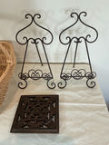 Wicker Basket, Decorative Metal Stands, and wooden Lattice Trivet. - thumbnail 2 of 3