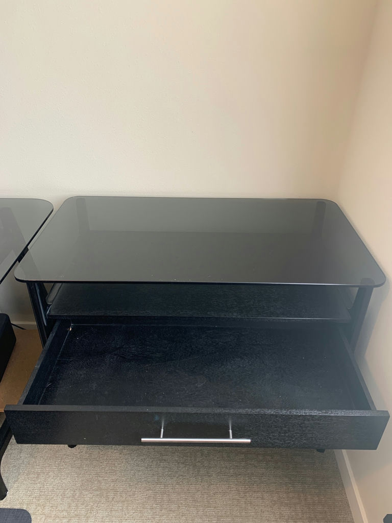 Black two-drawer file cabinet with glass top and  blue glass lamp - image 3 of 4
