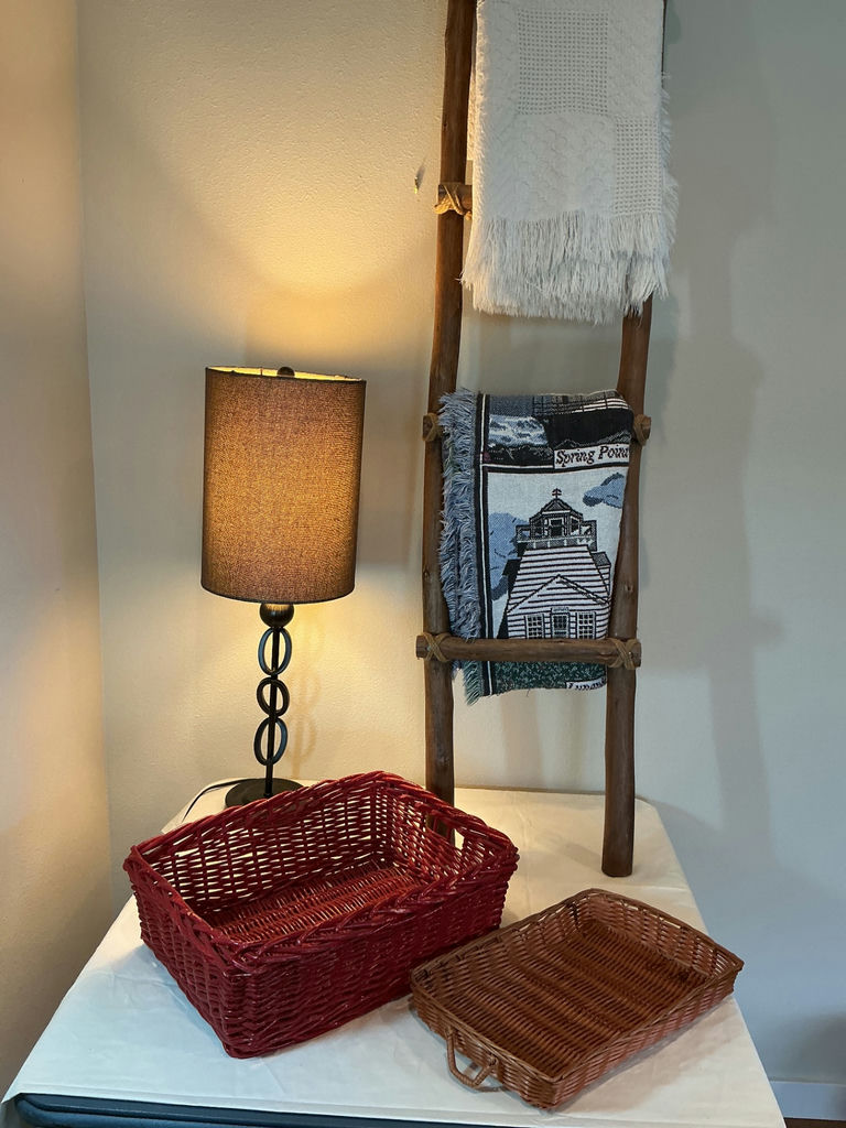 Lamp, Rustic Ladder with throw blankets and Woven Baskets. - image 1 of 4