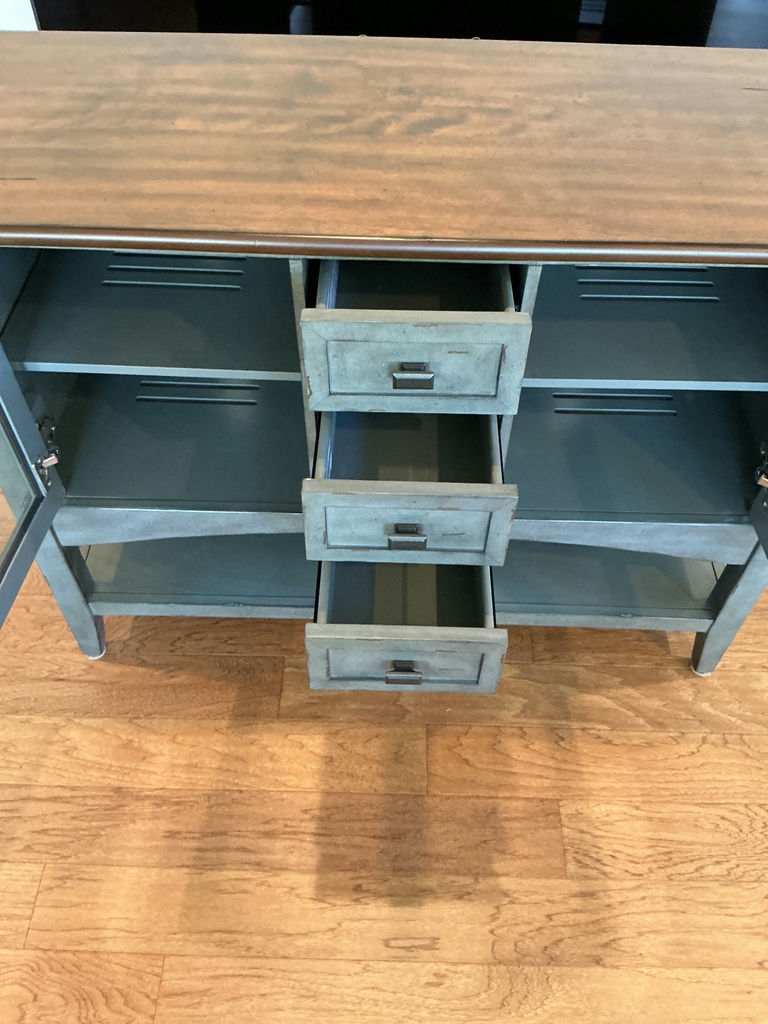 Media cabinet with glass doors and central drawers - image 3 of 5