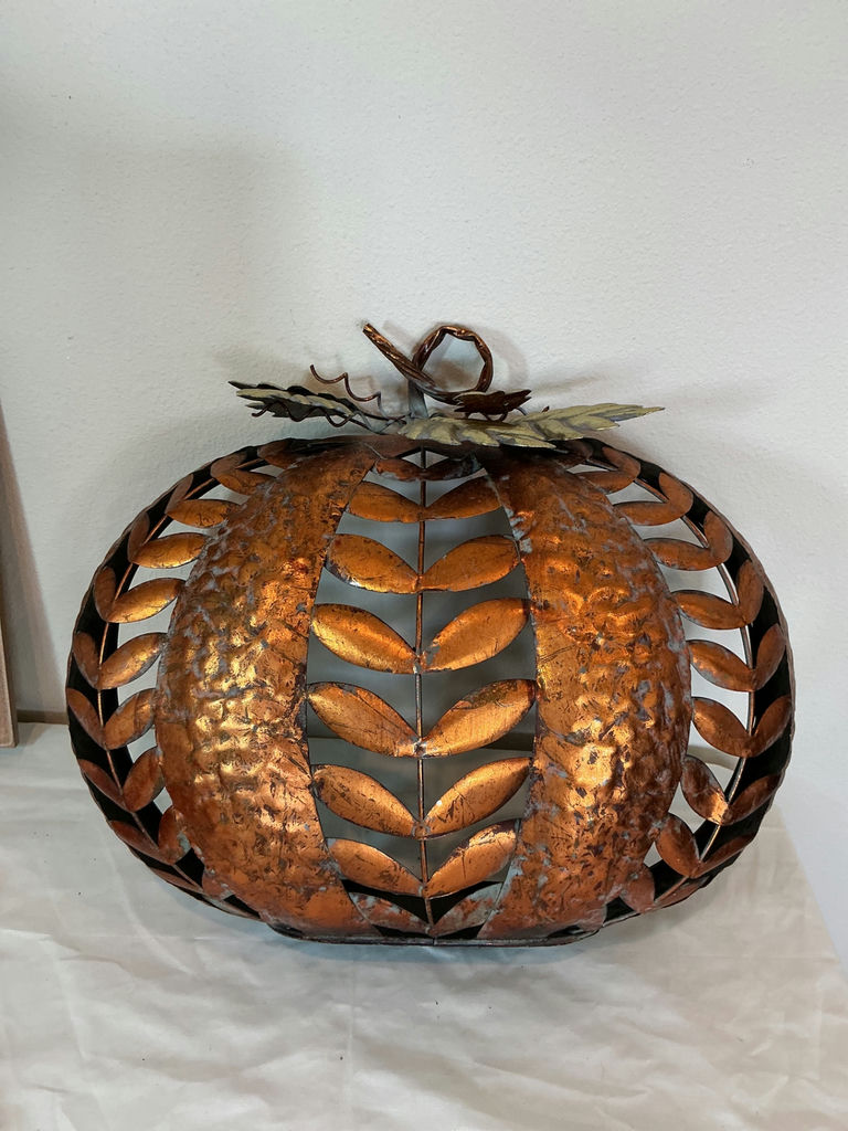 Copper metal pumpkins and autumn harvest decor. - image 3 of 5