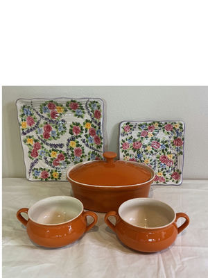 Orange Ceramic Bakeware Set with Floral Serving Plates. - Image 1 of 5