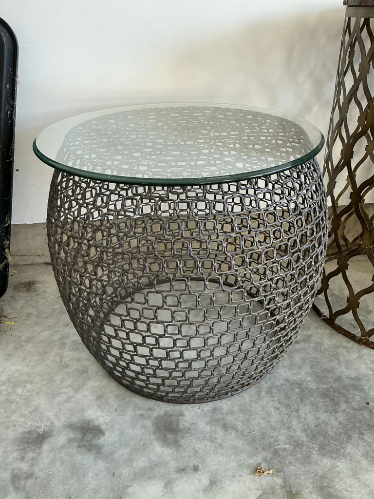 Metal lattice-frame tables with glass and wood tops - image 3 of 6