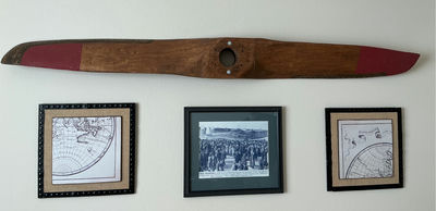 English aircraft propeller with framed map and vintage photos. - Image 1 of 5
