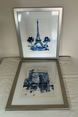 Pair of blue watercolor Paris landmark prints. - Image 1 of 5