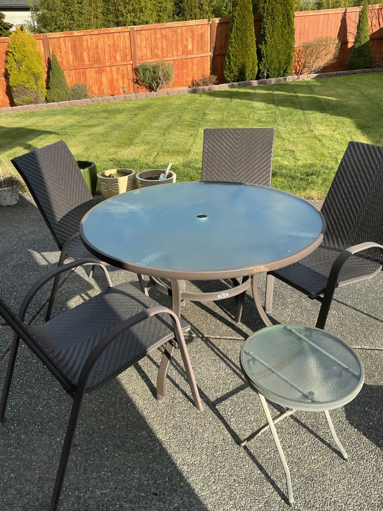 Round Glass-Top Outdoor Dining Table with Four Woven Chairs and Two Side Tables - image 1 of 4