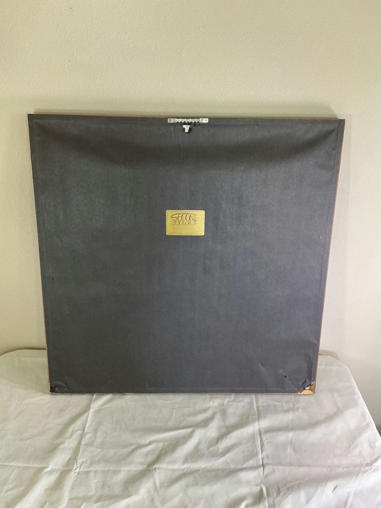 Black end table with drawer and framed abstract artwork, plus blue glass candle holder - image 6 of 7