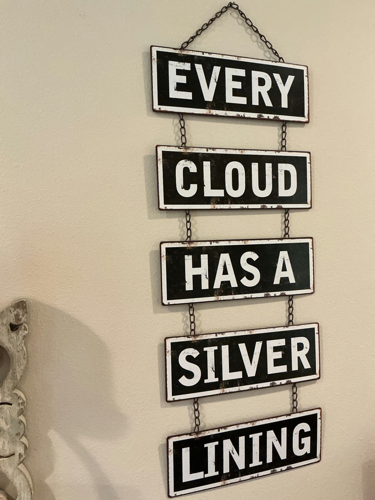 Five-panel hanging sign reading 'EVERY CLOUD HAS A SILVER LINING' and a decorative metal wall sconce with candle - image 3 of 4