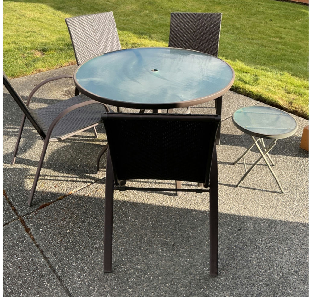 Round Glass-Top Outdoor Dining Table with Four Woven Chairs and Two Side Tables - image 2 of 4