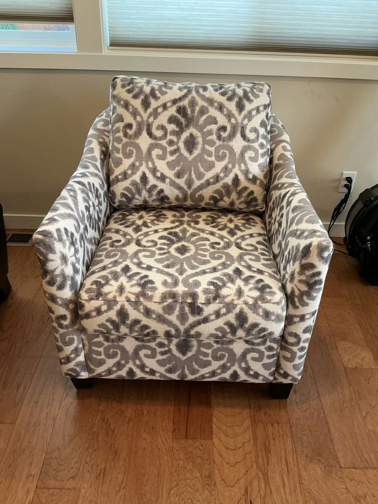 Stylus armchair with grey damask upholstery. - image 1 of 7