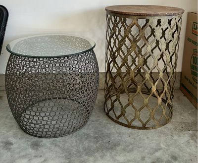 Metal lattice-frame tables with glass and wood tops - Image 1 of 6