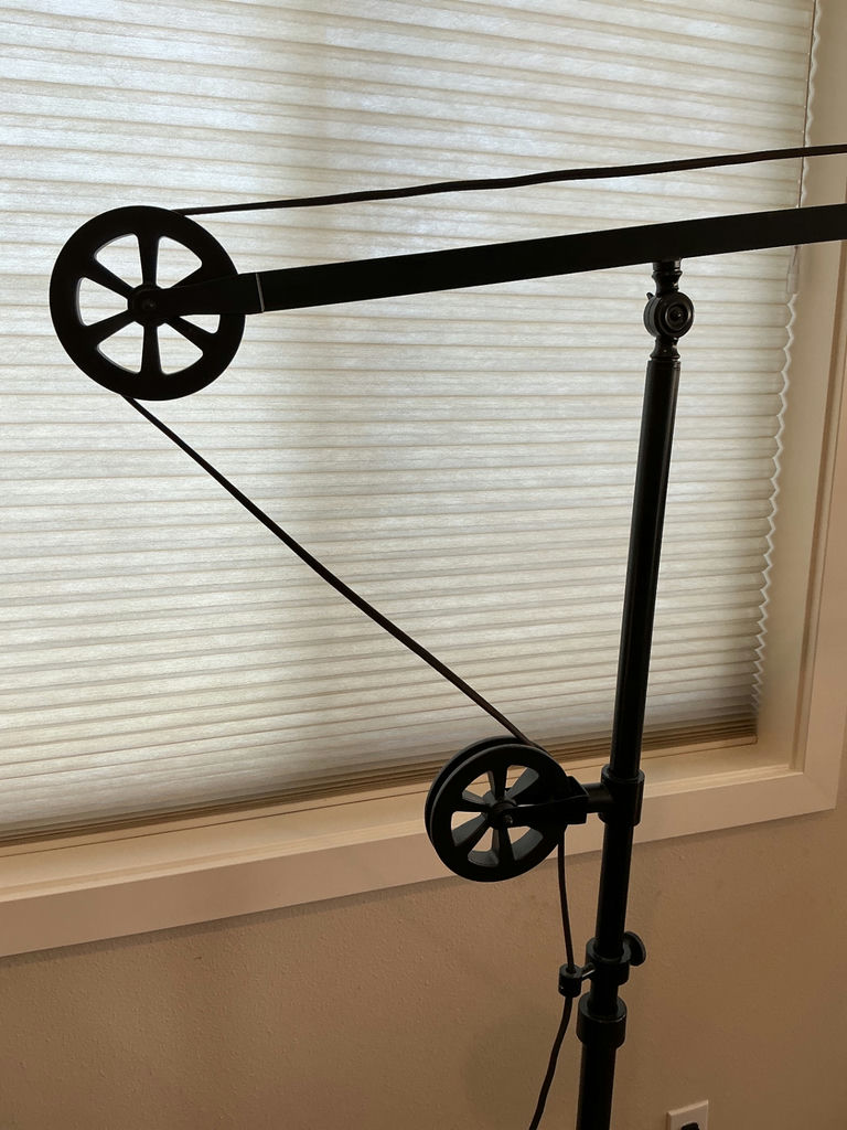 Industrial adjustable floor lamp with pulley arm and conical shade. - image 3 of 4