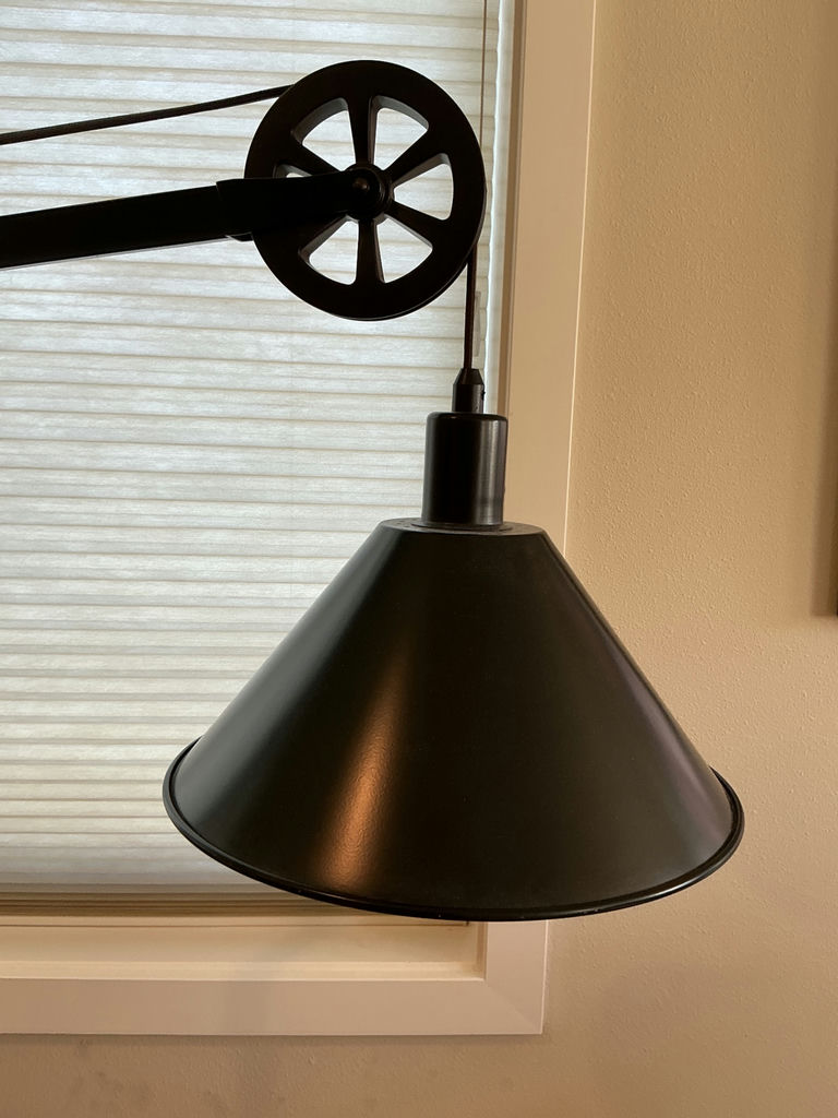Industrial adjustable floor lamp with pulley arm and conical shade. - image 2 of 4