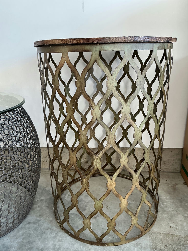 Metal lattice-frame tables with glass and wood tops - image 2 of 6