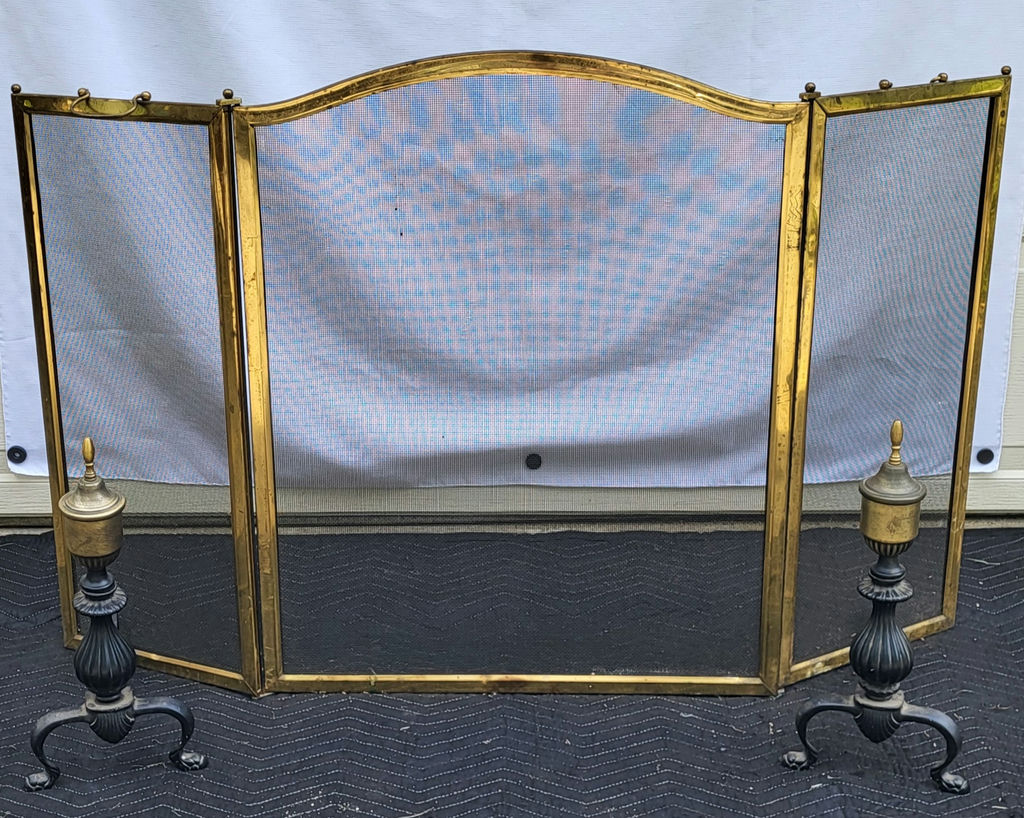 Vintage Brass Fire Screen & 2 Andirons - image 1 of 6